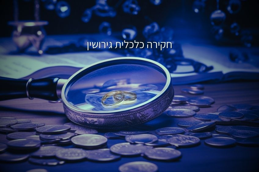 זכוכית מגדלת וטבעות במרכזה וגם מטבעות מסביב מייצגת חקירה כלכלית גירושין - גל חקירות