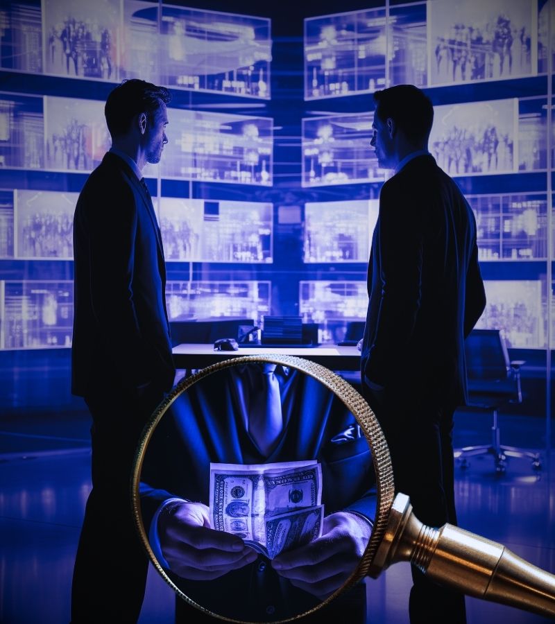שני חוקרים עומדים בחדר עם מסכים שמשדרים מעקב אחרי עובדים וזכוכית מגדלת באמצע עם איש מחזיק שטרות מייצג גניבה ממעביד - גל חקירות